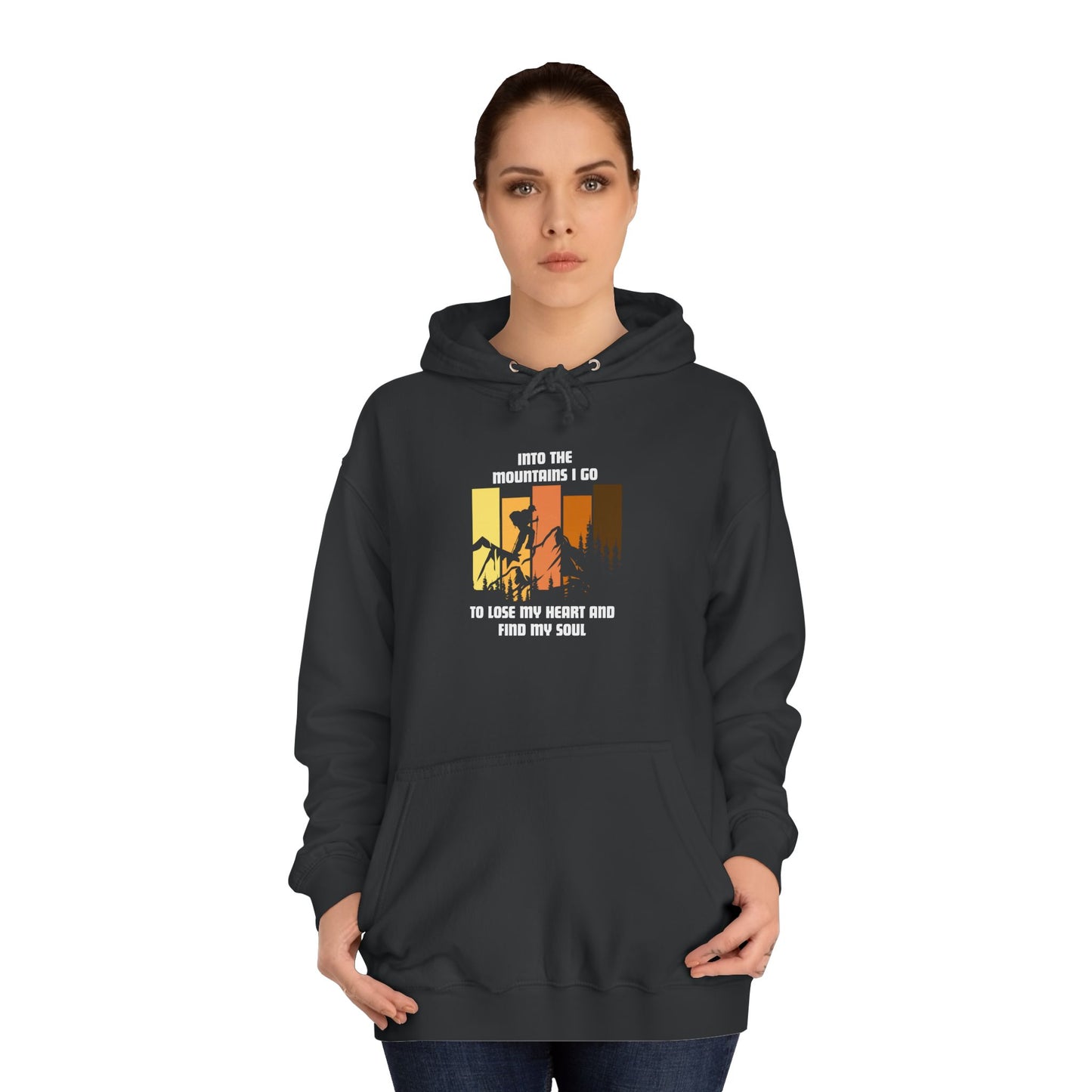 Mountain Lovers Unisex College Hoodie - 'Into the Mountains I Go' Design